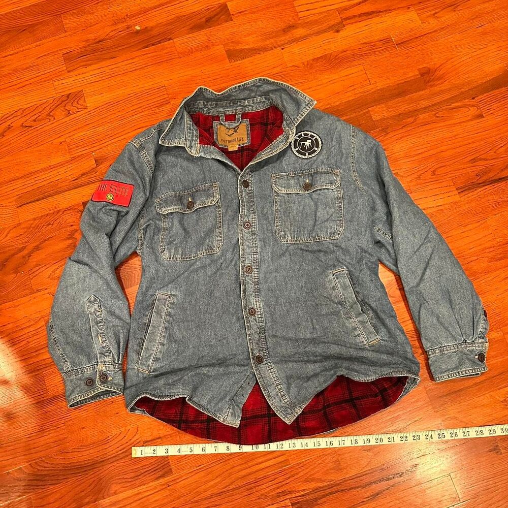 Vintage Outdoor Life Jean Jacket With Patches and Red Plaid Button Up